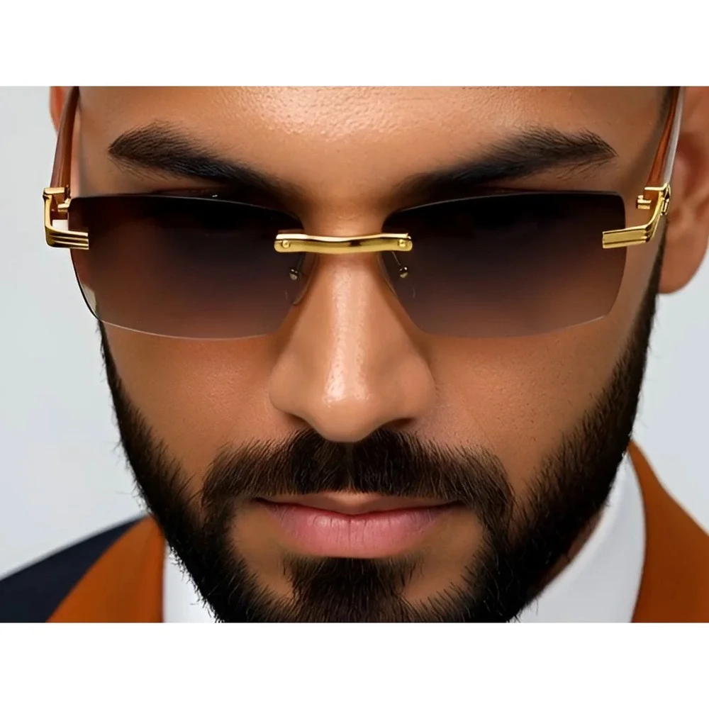 Rimless Sunglasses Men Hip Hop Black Rectangle‎ Fashion Shades Vintage Eyewear